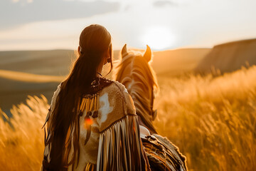 Portrait of the back of a Native American Indian woman and her horse.