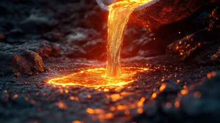 Fototapeta premium Molten Lava Flowing Over Dark Rocks