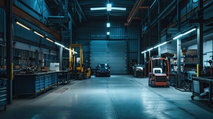 Fototapeta premium Forklifts in a Large Industrial Warehouse