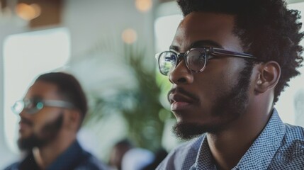 Young Man with Glasses Attentively Listening in Office