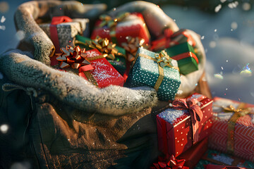 Fototapeta premium A sack filled with Christmas presents, wrapped in festive red and green paper, with gold ribbon, snow falling on the presents.