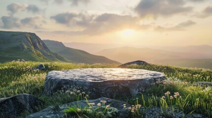 A Stone on Mountain Peak at Sunset