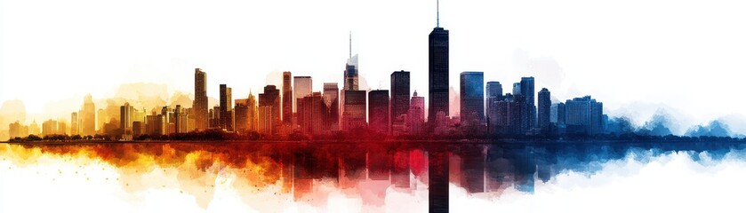 Fototapeta premium Vibrant Urban Skyline with Colorful Reflections at Sunset