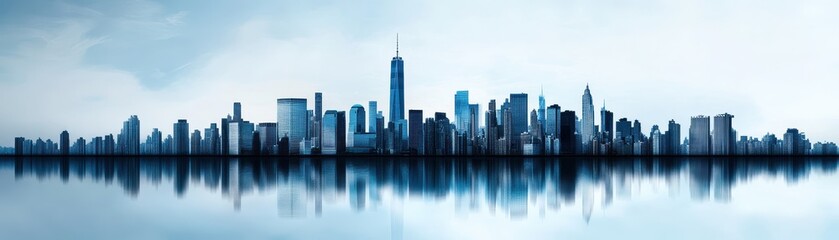 Fototapeta premium Panoramic View of Modern City Skyline with Reflective Water and Blue Sky