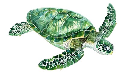 Fototapeta premium Green sea turtle returning to shore,Clipart, watercolor illustration, Perfect for nursery art The style is hand drawn, white background