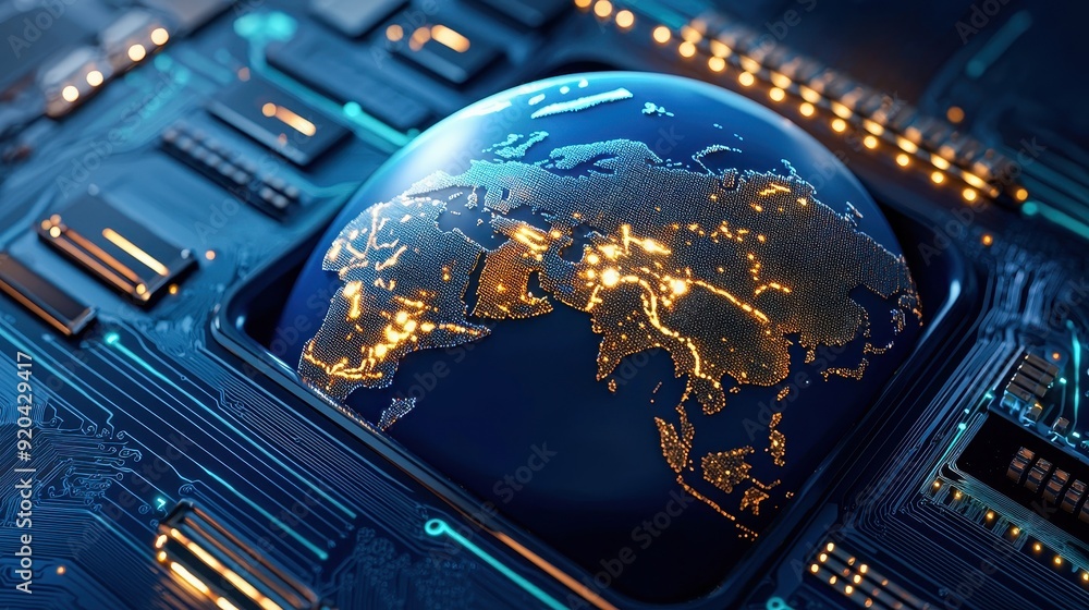 Poster a close-up view of a glowing globe surrounded by a circuit board, symbolizing technology and global 