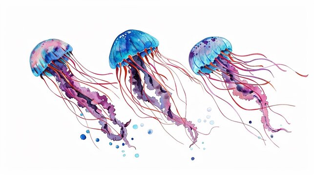 Jellyfish with trailing tentacles,Clipart, watercolor illustration, Perfect for nursery art The style is hand  drawn, white background