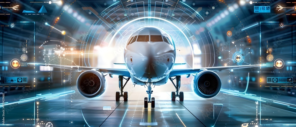 Poster airplane on the runway with futuristic hud interface.