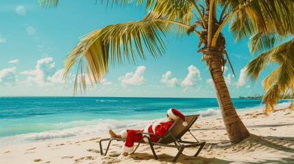 Santa Claus sitting in a beach chair on a tropical beach under the palms and relaxing in the sun. Concept of celebrating Christmas somewhere warm. Vacation, travel, travel agency promotion
