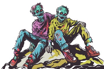 friendly cartoon zombies with arms around each other illustration, humorous undead character design for horror-comedy concepts