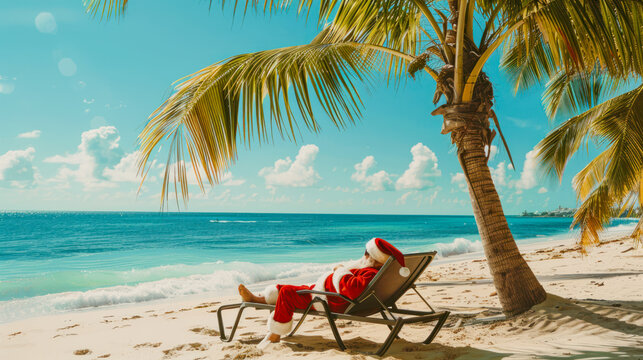 Santa Claus sitting in a beach chair on a tropical beach under the palms and relaxing in the sun. Concept of celebrating Christmas somewhere warm. Vacation, travel, travel agency promotion