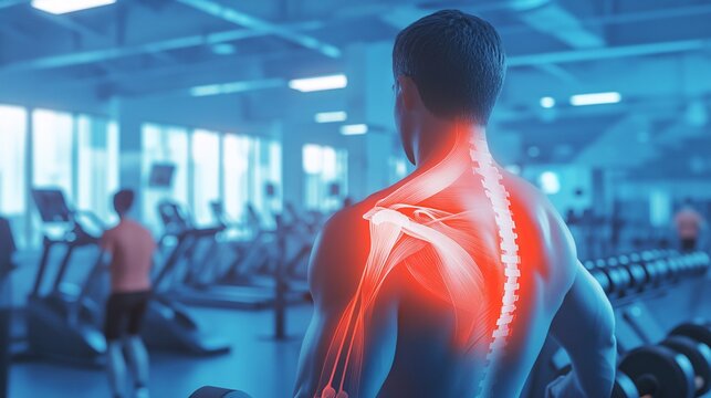240805 23. Shoulder pain illustration in bustling gym environment. Rotator cuff anatomy highlighted over a person using weight machine. X-ray style image showing impinged subacromial space, inflamed