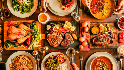 Gourmet feast variety roast chicken steak vegetables soup curry salad eggs diverse cuisine dinner party spread culinary delight family gathering celebration meal