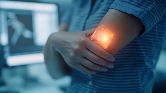 240805 33. Close-up of person clutching painful elbow in modern office setting. Inflamed lateral epicondyle tissue due to computer-related repetitive strain and excessive mouse clicking. Anatomical