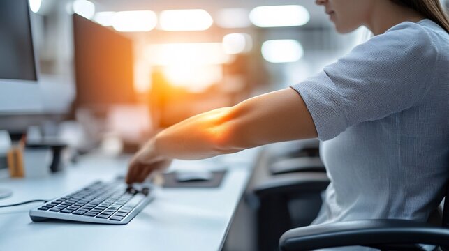 240805 35. Detailed view of arm with highlighted elbow pain in corporate office environment. Lateral epicondyle inflammation from chronic repetitive strain and extensive computer mouse manipulation.