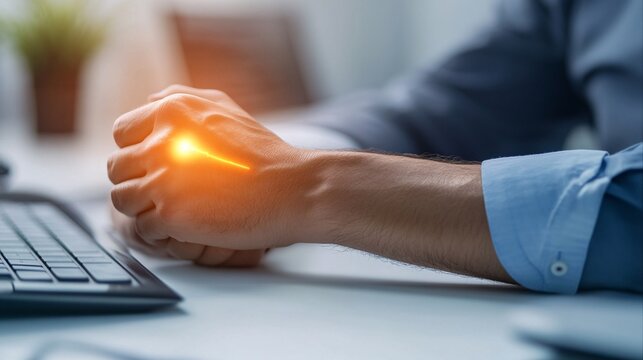 240805 35. Detailed view of arm with highlighted elbow pain in corporate office environment. Lateral epicondyle inflammation from chronic repetitive strain and extensive computer mouse manipulation.