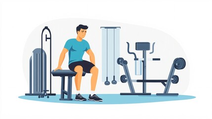 240805 42. A man experiencing discomfort at hip in fitness center. Hip joint cartilage irritation caused by overuse syndrome and prolonged cycling sessions. Medical illustration on white