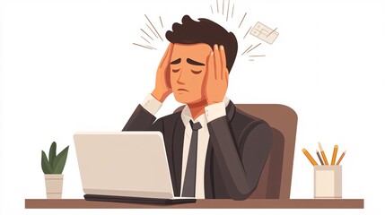 240805 52. A man experiencing discomfort at head in corporate workspace. Cranial muscle tension caused by chronic stress and prolonged screen viewing. Medical illustration on white background,png