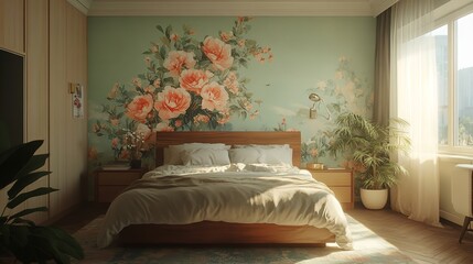 Curved sofa and barrel chair against of big arched window. Japandi interior design of modern living room