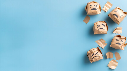 Obraz premium Sad paper balls with faces lying on a blue background, representing emotions, waste, and feelings of disappointment.