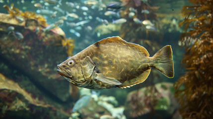 Halibut swimming in its natural habitat, high-quality professional photo, angle view composition showcasing the fish's features and vibrant environment. 

