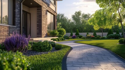 A house with a beautiful front yard landscape settings