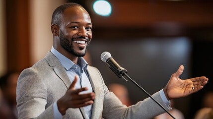 A smiling man speaking into a microphone with outstretched hand