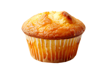 A freshly baked and fluffy corn muffin or cupcake isolated on white transparent background.