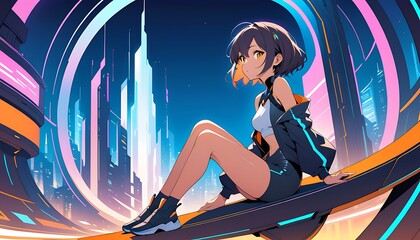 Anime Woman Sitting Outside with Futuristic City Scene in Background - Detailed Anime Character Relaxing Against a Modern Urban Landscape.