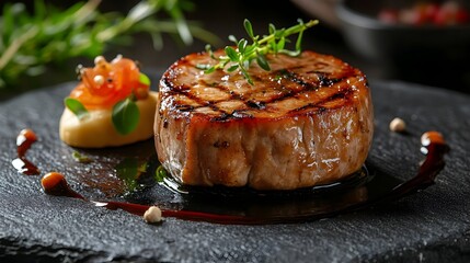 Luxurious French Foie Gras Dish Served on Elegant Black Stone Plate