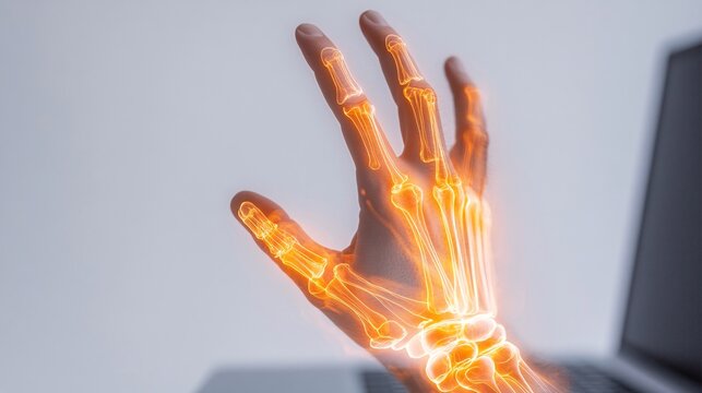 240805 75. Detailed view of hand with highlighted finger pain in busy office environment. Phalanges and flexor tendon stress from chronic repetitive movements and extensive computer-based work.