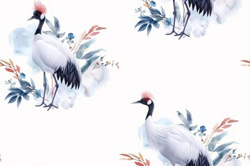 The seamless design features red-crowned cranes in graceful poses, rendered in a watercolor style. 