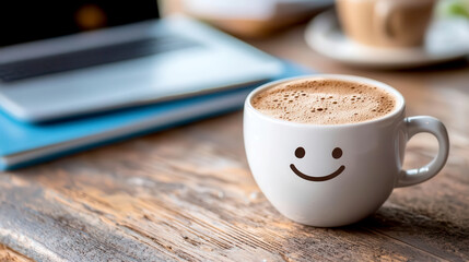 A cheerful coffee cup with a smiley face on a wooden table, perfect for uplifting moods in cozy settings.