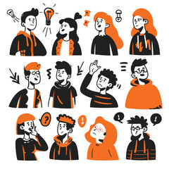 A group of diverse cartoon characters with vibrant orange and black accents.
