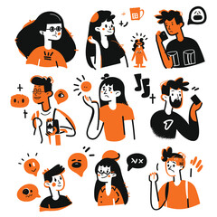 A group of diverse cartoon characters with vibrant orange and black accents.
