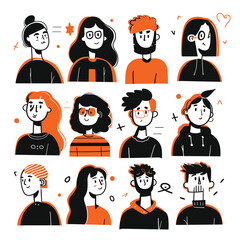 A group of diverse cartoon characters with vibrant orange and black accents.
