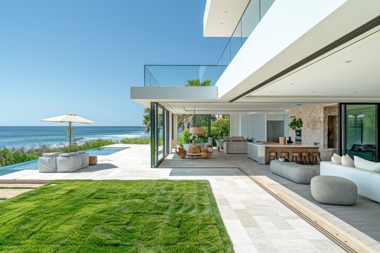 Serene beachside home backyard with light white walls, modern farmhouse style, lush grass, ocean views, outdoor kitchen, and pool in daylight.