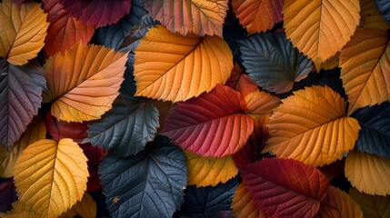 Fototapeta premium Colorful autumn leaves in shades of orange, red, and yellow scattered on the ground during fall