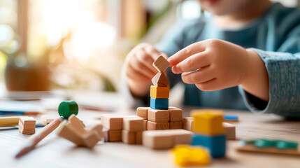 A child constructs with colorful wooden blocks, fostering creativity and fine motor skills in a bright environment.