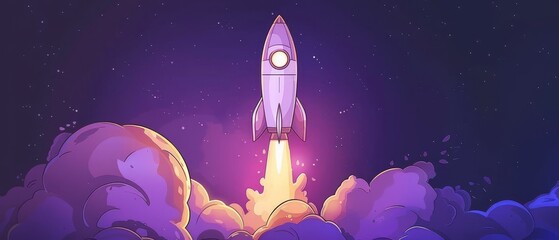 A rocket blasts off against a stunning purple backdrop, celebrating astronaut day while kids prepare for school