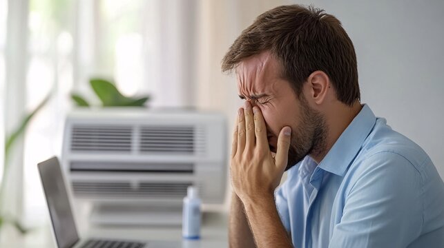 240805 154. a man having nose pain at office. nasal cavity due to sinusitis and air conditioning exposure longtime. Health and medical concept isolated on white background,png with man adjusting air