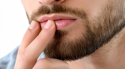 240805 169. A man touching painful lips while in practice studio. Labial tissue damaged due to cheilitis and prolonged wind instrument playing longtime. Health and medical concept isolated on white