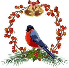 Bird and Christmas wreath with berries.Christmas wreath with berries, bells, fir branches and bird in color vector illustration.