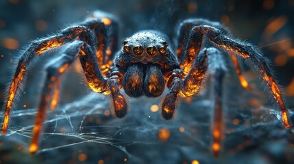 Fototapeta premium Intricate 3D Spider on Web: Halloween Horror Perspectives with Detailed Arachnid Features