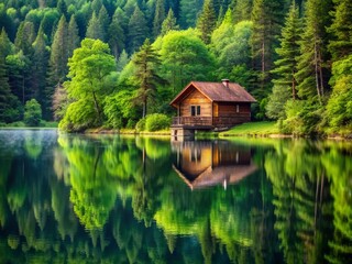 Fototapeta premium Serenene summer scenery with a secluded cabin nestled among lush green trees, reflecting perfectly in the calm lake's glassy surface.