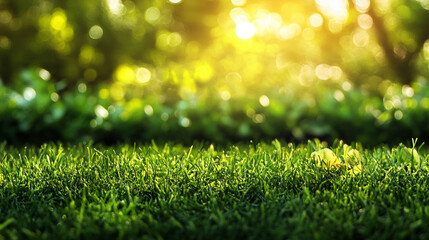 Naklejka premium Green lawn and trees background with copyspace. Nature background concept. Generative AI
