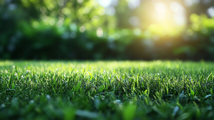 Naklejka premium Green lawn and trees background with copyspace. Nature background concept. Generative AI