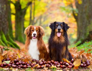 Zwei Hunde sitzen zwischen Esskastanien im Herbstwald