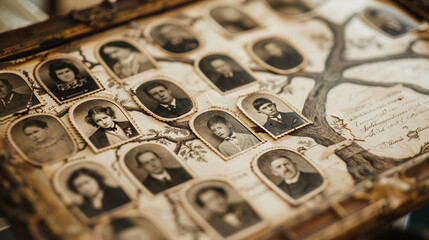 Close-up of a vintage-style family tree diagram in a frame, with sepia-toned photos and calligraphy