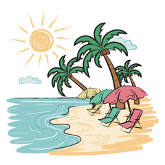 Beach on an island with coconut trees, spot for holidays, at the time of sunrise in artistic painting style. Vector illustration for tshirt, website, clip art, poster and print on demand merchandise.